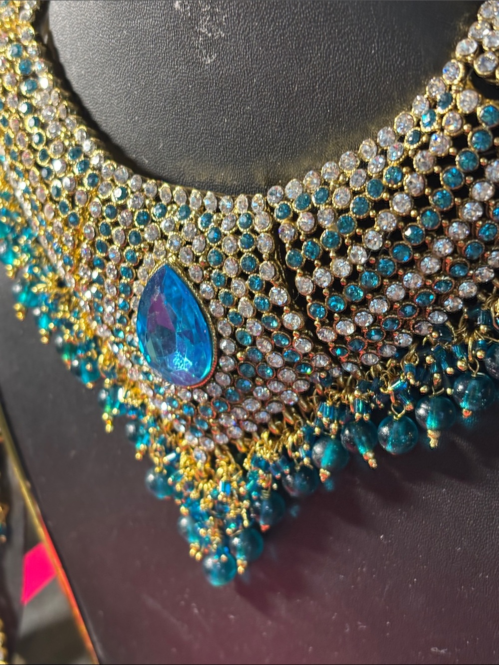 Teal Blue Crystal Bridal Necklace Set with Earrings and Tikka - Picture 6 of 8